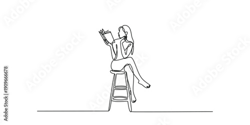 Continuous One Line Drawing of a Woman Sitting on a Stool Reading a Book