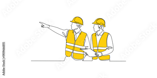 Continuous one line drawing of Two construction workers discussing plans on a job site with safety gear on