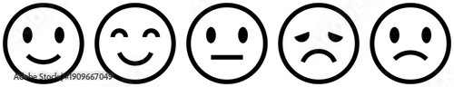 outline feedback rating emoticons set showing happy, neutral and sad expressions for UI and feedback design - emoji face icons for customer feedback. Ratings from happy to sad for user satisfaction