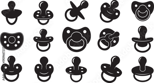 Collection of various baby pacifier icons in black and white