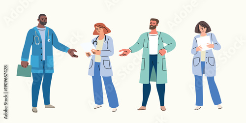 Doctor people diversity set. Cartoon flat man and woman professional hospital staff, physician character with stethoscope. Doctor and nurse, medical clinic team. Vector illustrations.