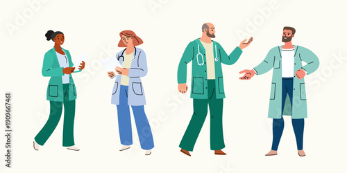 Doctor people diversity set. Cartoon flat man and woman professional hospital staff, physician character with stethoscope. Doctor and nurse, medical clinic team. Vector illustrations.