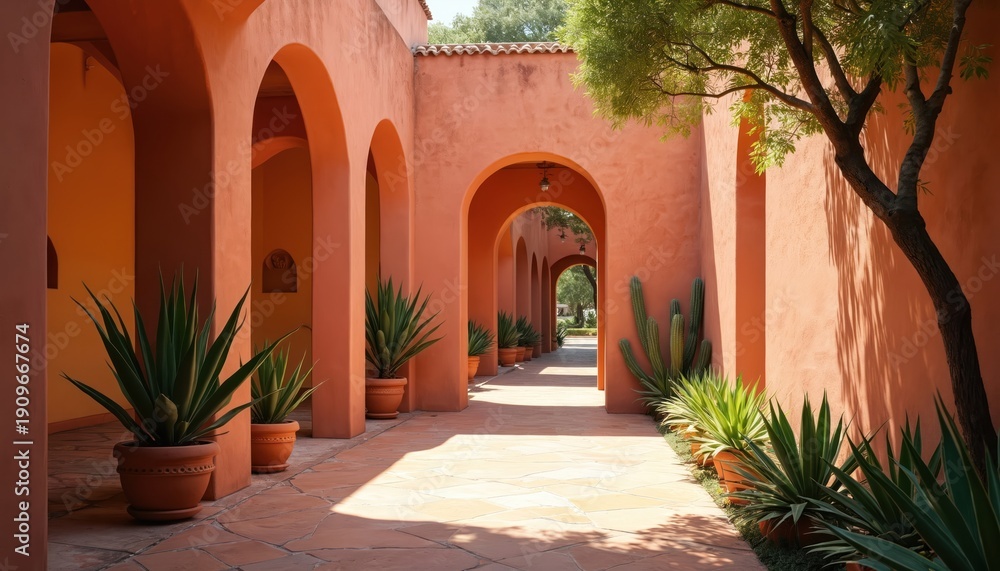 Fototapeta premium Orange stucco corridor with arches and potted plants. Sun casts shadows on stone path. Architecture features desert landscaping. Traditional building pathway.