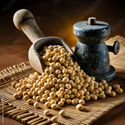 Soybeans overflowing from a worn wooden scoop