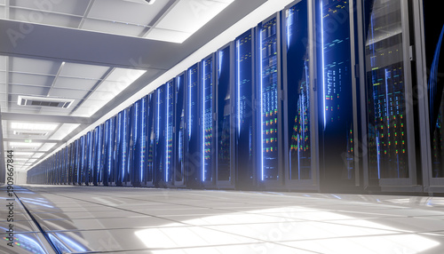 Futuristic data center with glowing server racks