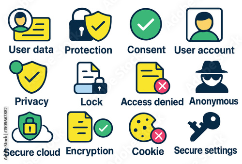Icons representing various aspects of digital security and user account management