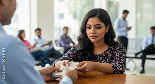 Young Indian woman receives cash from bank officer