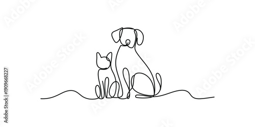 Continuous one line drawing of A loyal dog sitting beside a playful kitten on a simple line-drawn shore.