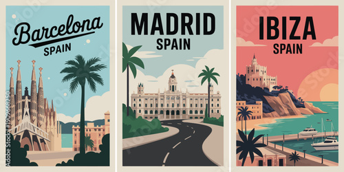Barcelona Spain Poster, grand palace with palm trees and curved road travel illustration