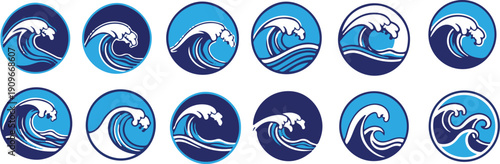 Wave logo set.Waves Design Shapes Collection Isolated on White Background. Flat minimalistic blue icons of swirl water, abstract ocean symbol.