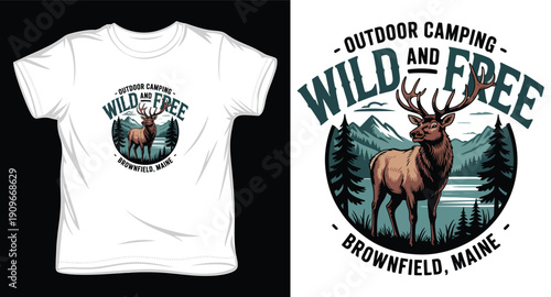 Vintage style elk hunting t-shirt design with wild and free slogan for outdoor enthusiasts