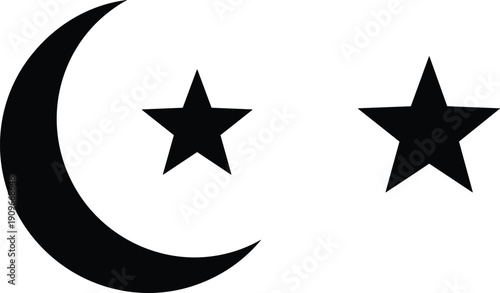 Black crescent moon and two stars silhouette, islamic symbol of faith and tradition against transparent background