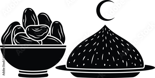 Bowl full of dates beside Islamic food dome with crescent moon symbol Islamic tradition food holiday celebration
