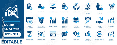 Market analysis icon set. featuring data analytics, market research, customer, competitor analysis, digital marketing, sales analytics, forecasting, business strategy and more icons.