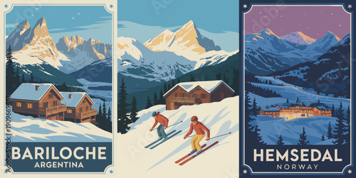 Bariloche Argentina Poster, skiers descending snowy slope winter travel landscape