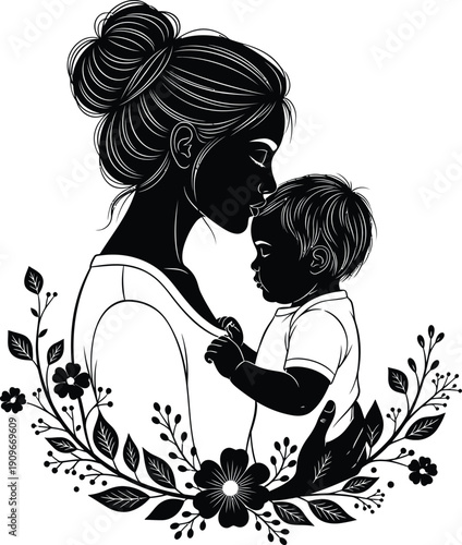 Mother and child silhouette with floral wreath