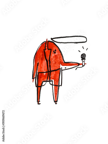Hand paint watercolor stick figure illustration. Red people. Music. Man and microphone. (Can be used as texture for cards, invitations, DIY projects, web sites or for any other design.)