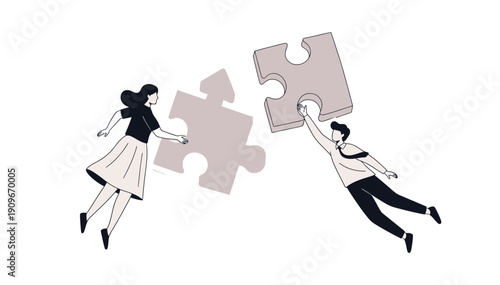 Business team collaboration and partnership illustrated by man and woman assembling jigsaw puzzle pieces together in modern office
