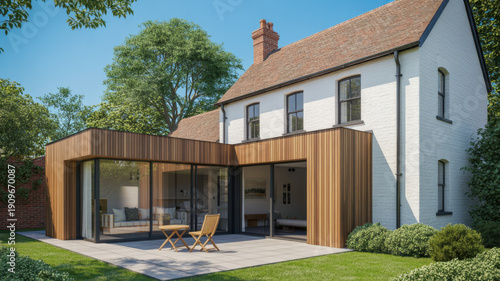 Modern timber frame extension on a traditional house showcasing design and connection with the garden