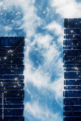 Abstract smart city concept with digital network connection over skyscrapers and blue sky. 3d rendering