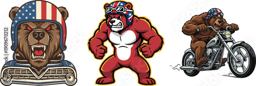 Cartoon American Bear Mascot Set Riding Motorcycle and Hot Rod