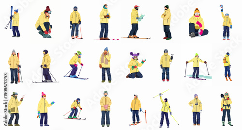 Diverse collection of skiers and winter sports enthusiasts in yellow jackets, performing various snow activities, isolated illustration set.