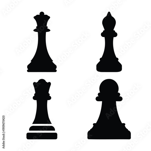 Iconic black silhouettes of queen, king, bishop, and pawn chess pieces for strategy game