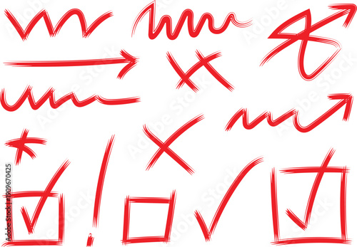 Collection of hand drawn red correction marks and symbols isolated on white background