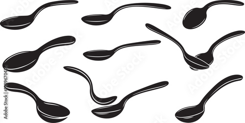 Collection of black spoons on white background illustration