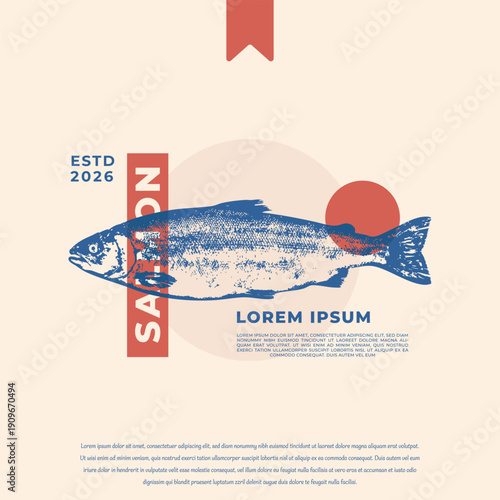 Vintage style hand-drawn salmon illustration, perfect for a rustic seafood restaurant logo or market branding, showcasing classic maritime culinary art and fresh aquatic design