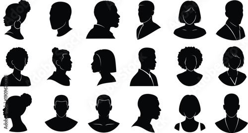 Diverse people head silhouettes vector set for user profile avatars