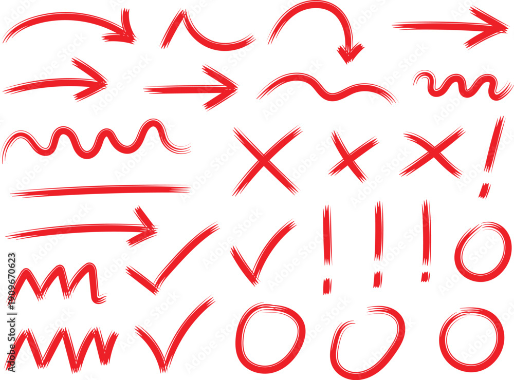© Creative_Rasma - Red hand drawn correction marks arrows checks crosses and circles icons set