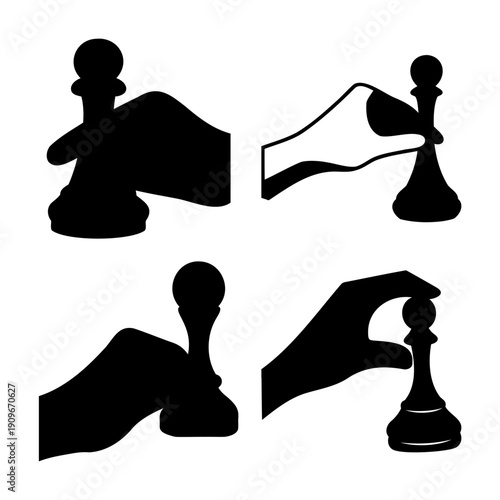 Four distinct black and white silhouettes depicting a human hand moving a chess pawn