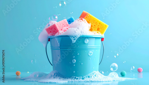 Blue bucket filled with colorful sponges and soap bubbles on a light blue background.