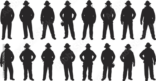 Silhouettes of firefighters in helmets and uniforms holding hoses and tools, emergency response vector illustration for safety, rescue, and professional design