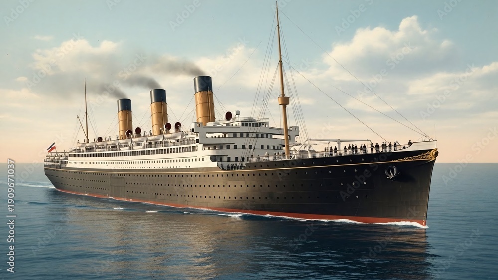 Fototapeta premium Majestic Ocean Liner Sailing on Calm Waters Under a Cloudy Sky.