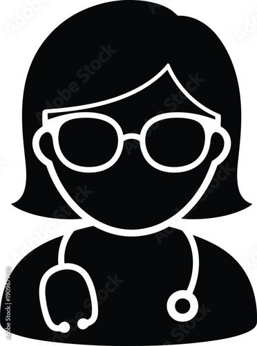 Vector illustration of a female doctor wearing glasses and a stethoscope around her neck, medical icon for healthcare and clinic services