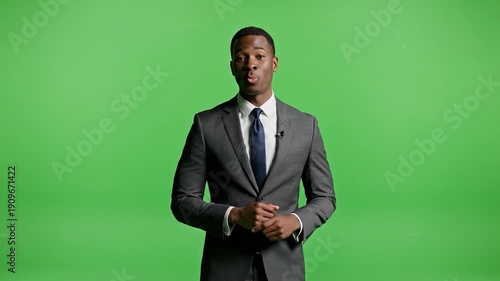Wallpaper Mural A man in a suit speaks with a microphone in front of a green screen background Torontodigital.ca