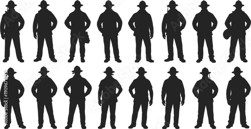 Silhouettes of firefighters in helmets with hoses and gear, diverse emergency response poses vector illustration for safety, rescue, and professional design