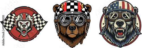 Aggressive Bear Racers Mascot Set with Helmets and Goggles