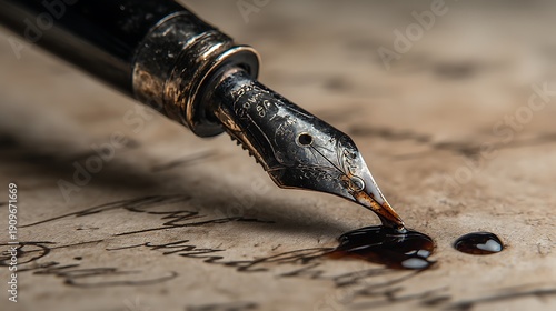 Vintage Fountain Pen Writing on Paper.