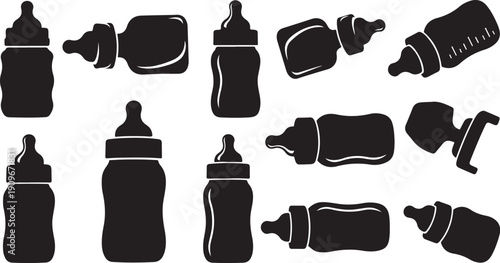 Baby bottles in various shapes and sizes illustration set