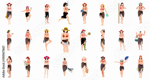 Summer Beach Vacation Women Character Set. Flat Vector Illustrations of Females in Bikinis and Sarongs Engaged in Holiday Fun.