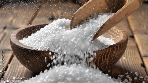 Wallpaper Mural White crystals pouring from a wooden scoop into a bowl, on a wooden surface Torontodigital.ca