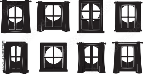 Various Black Window Frames and Silhouettes on White Background