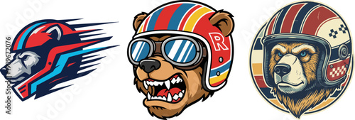 Collection of Racing Bear Mascot Heads Wearing Helmets and Goggles