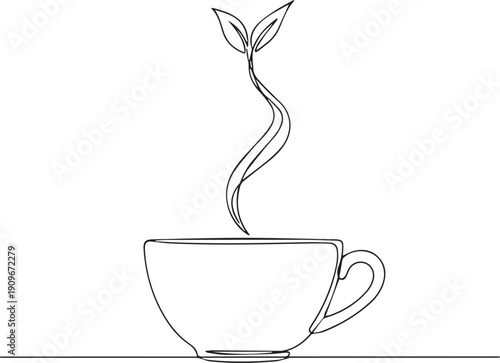 A delicate line drawing of a sprouting plant in a teacup