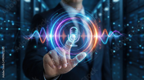 Businessman touching futuristic hologram interface with microphone icon for voice recognition technology. focused man interacts with sound wave and audio AI control