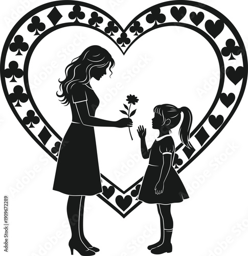 Silhouette of a woman and a girl in a heart