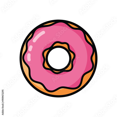 Donut with pink glaze and sugar topping viewed from above in a simple illustration